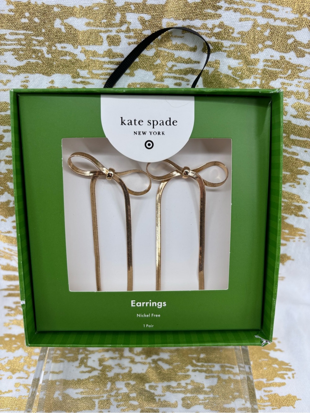 NWT Kate Spade Nickel Free Bow Gold Ribbon Drop Earrings.